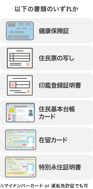 以下の書類のいずれか　健康保険・住民票の写し・印鑑登録証明書・住民基本台帳カード・在留カード・特別永住証明書　※マイナンバーカードor運転免許証でも可
